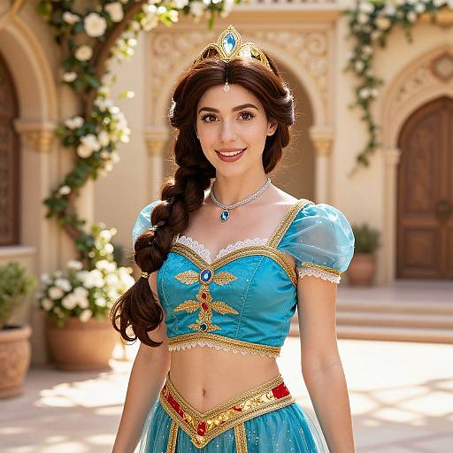Photograph of a smiling young woman with long brown hair in a braid, wearing a blue Disney princess costume with gold trim, tiara, and