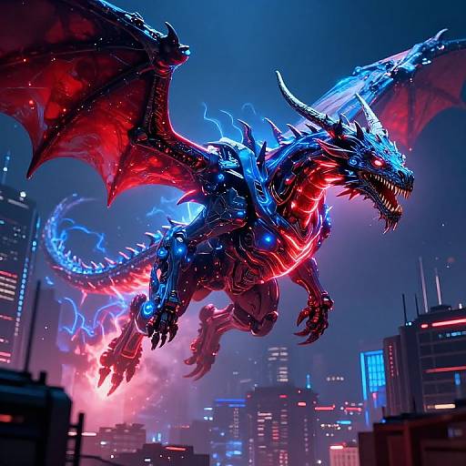 Digital artwork of a glowing, neon-blue and red dragon with sharp claws and wings, soaring over a dark, futuristic cityscape with illuminated skyscrapers