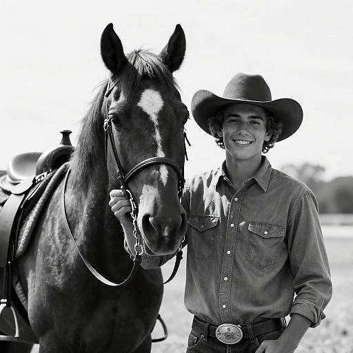 Young Man and Horse in Black and White