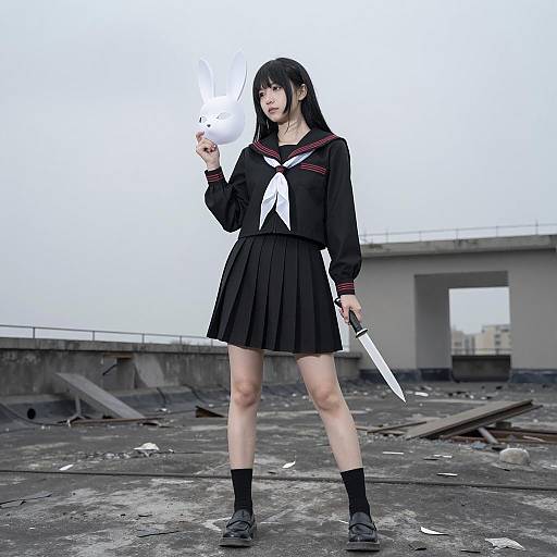 Young Woman in Black School Uniform Holding Rabbit Mask and Knife