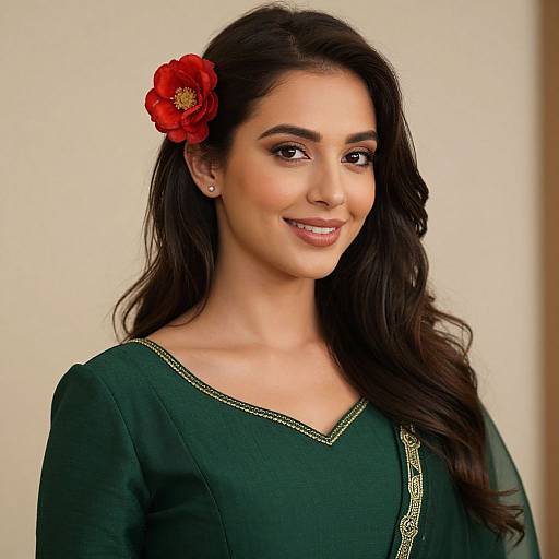 Photograph of a smiling South Asian woman with long black hair, wearing a green traditional top with yellow embroidery, and a red flower in her hair,