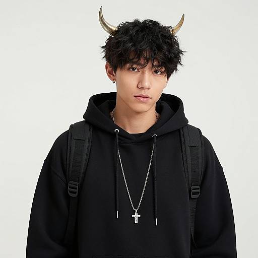 Young man with black hair, black hoodie, and silver horns, wearing a silver cross necklace, white background, studio portrait.