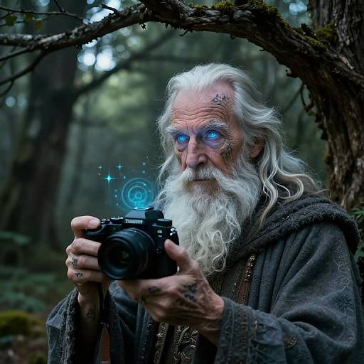 Photograph of an elderly, white-bearded man with glowing blue eyes, wearing a dark, woolen cloak, holding a camera in a mystical forest