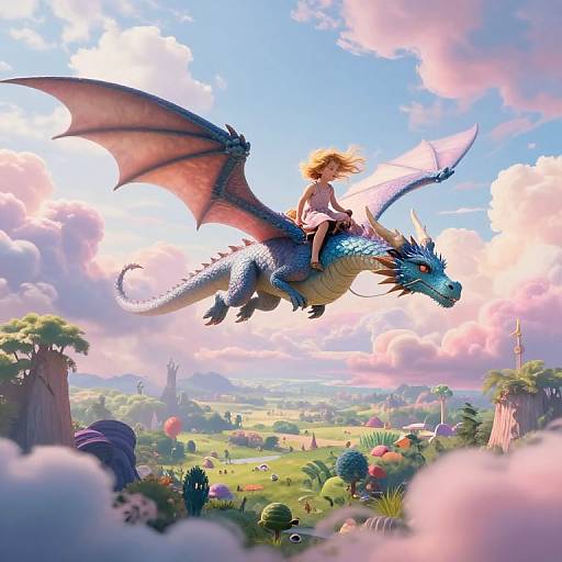 Digital fantasy artwork: A blonde girl rides a blue dragon with pink wings over a vibrant, cloud-dotted countryside filled with colorful mushrooms and rolling hills.