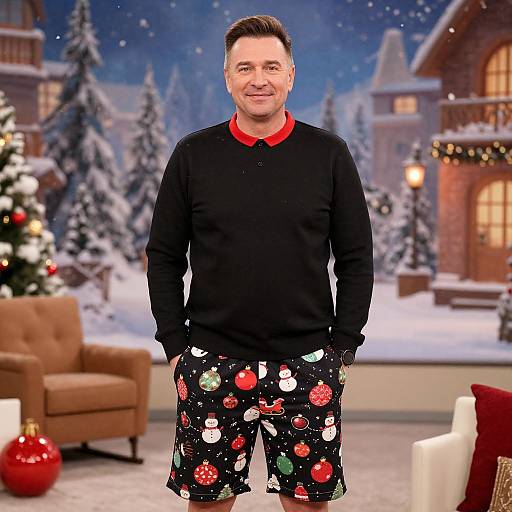 Photograph of a smiling middle-aged man with short brown hair, wearing a black sweater, red collar, and festive Christmas pajamas, standing in a