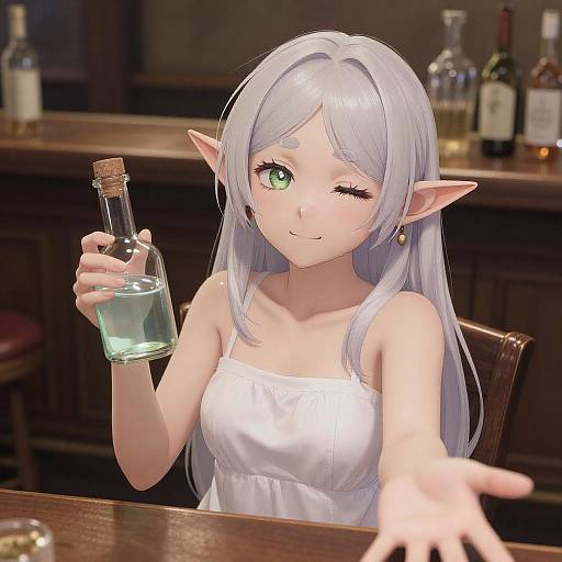 Anime-style digital drawing of a cute, silver-haired elven girl with green eyes, winking, wearing a white dress, holding a bottle, reaching