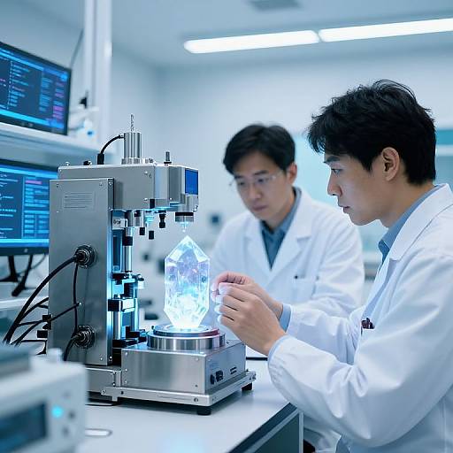 Photograph of two Asian male scientists in white lab coats, focusing on a glowing, crystal-like specimen in a high-tech lab.