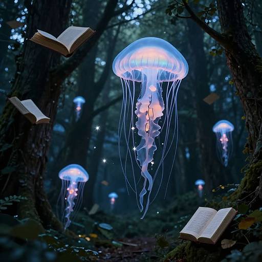 Photograph of glowing blue jellyfish-like creatures with floating books in a dark, enchanted forest, surrounded by dense trees. Magical, ethereal scene.