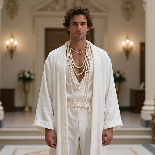 Photograph of a handsome, curly-haired man in a white robe, adorned with multiple pearl necklaces, walking down a luxurious, well-lit hallway