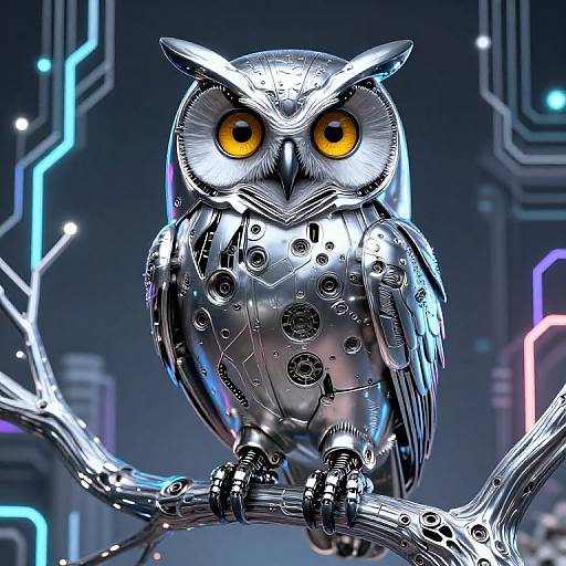 CGI image of a metallic, robotic owl with bright yellow eyes, perched on a silver branch, set against a neon-lit, futuristic background