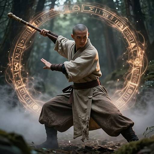 Photorealistic digital artwork of a bald, focused martial artist wielding a staff, surrounded by a glowing, mystical circle, in a misty forest.