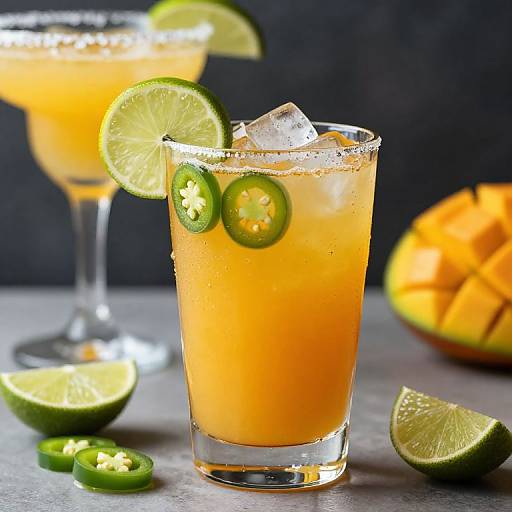 Photograph of a vibrant orange margarita with salt rim, jalapeño slices, lime wheel, ice, and halved lime on a dark