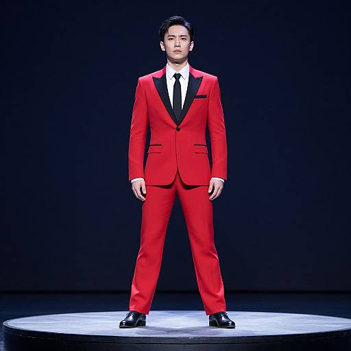 Photograph of an Asian man in a vibrant red tuxedo with black lapels, white shirt, black tie, and black shoes, standing confidently