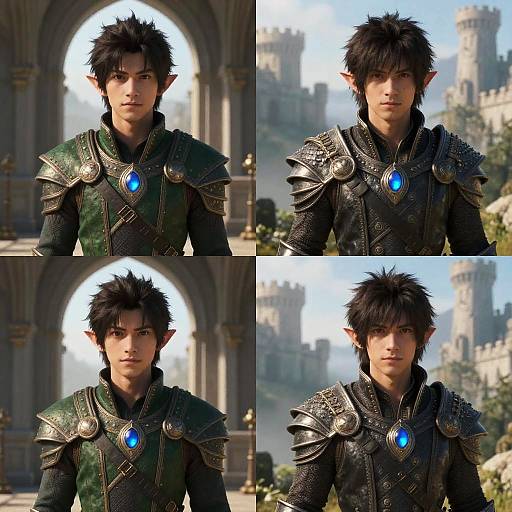 Photograph collage of a young male elf with spiky black hair and pointed ears, wearing detailed silver and green armor with a blue gem, standing in
