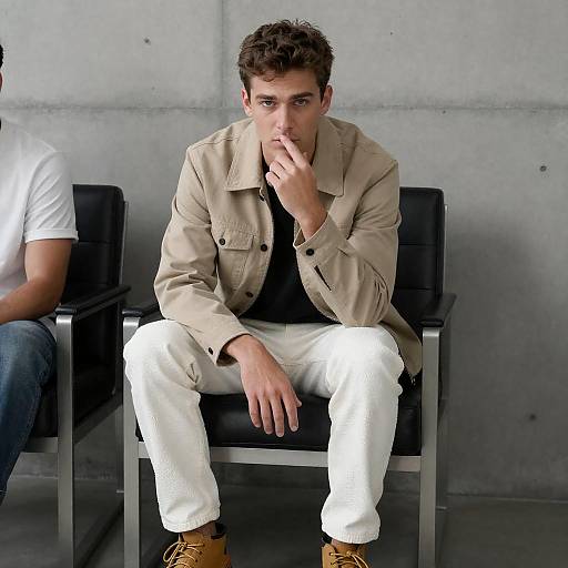 Man in Beige Jacket in Concrete Room
