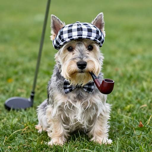 Photograph of a small, fluffy Yorkshire Terrier with white and gray fur, wearing a black-and-white checkered cap and bowtie, holding a