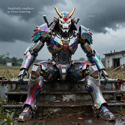 Photograph of a colorful, robotic, humanoid mecha with horned helmet, seated on concrete in rainy, overcast field, text 