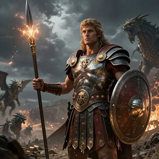 Digital artwork of a muscular, blond, Viking warrior in shiny silver armor holding a torch and shield, standing amidst a fiery battlefield with dragons.