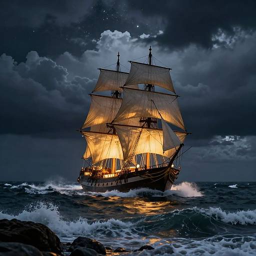 Photograph of a dramatic, illuminated sailing ship with glowing sails navigating choppy, dark ocean waves under a stormy, cloud-filled night sky.