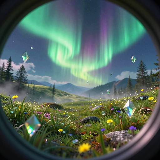 Aurora-lit Alpine Meadow with Floating Prism Shards
