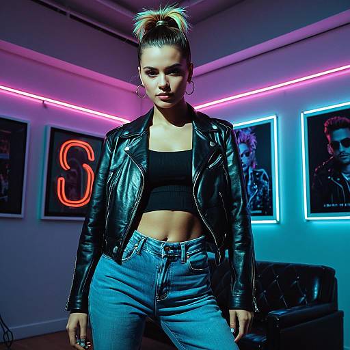 Woman with Money Piece Hairstyle in Neon Art Gallery