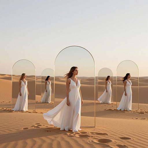 Photograph of a woman in a flowing white dress, standing in a desert with multiple transparent arches, reflecting her image, under a clear sunset sky