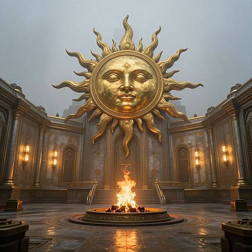 Photograph of a golden, sun-faced sculpture with wavy rays, centered in a foggy courtyard with a burning fire pit, surrounded by ornate