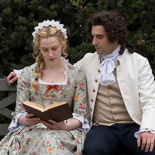 18th Century Couple Reading on Bench