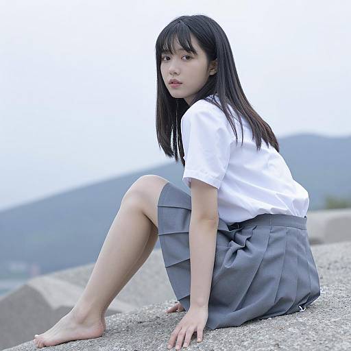 Young Asian Woman Sitting on Rock Outdoors