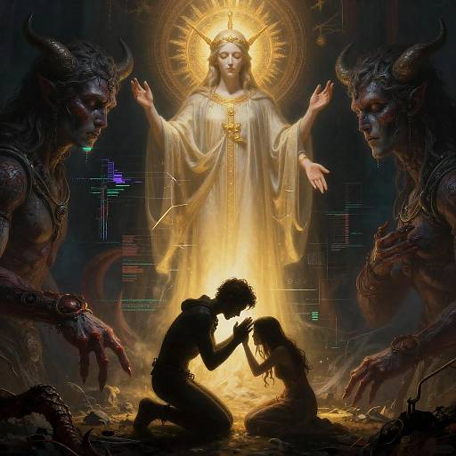 Divine light between demons and praying humans
