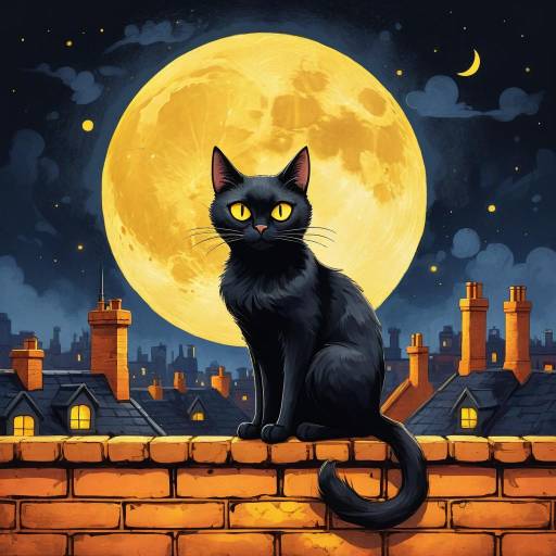 Black Cat Sitting on Wall with Full Moon
