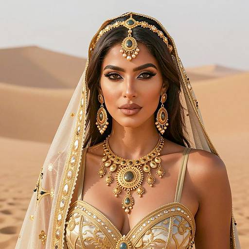 Elegant Woman in Gold with Desert Backdrop