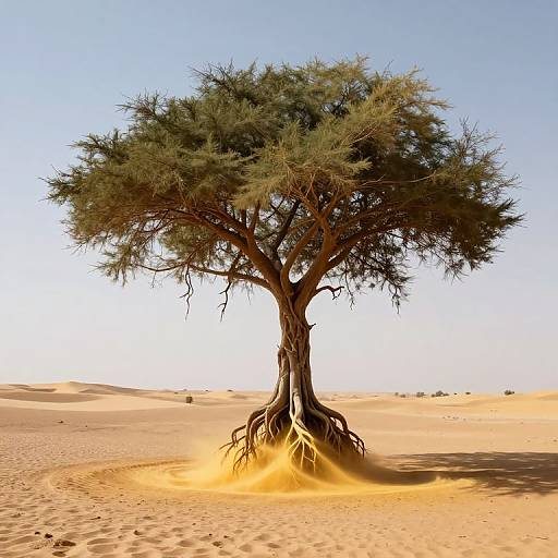 Photograph of a solitary, leafy acacia tree with exposed roots in a bright, sandy desert under a clear blue sky.