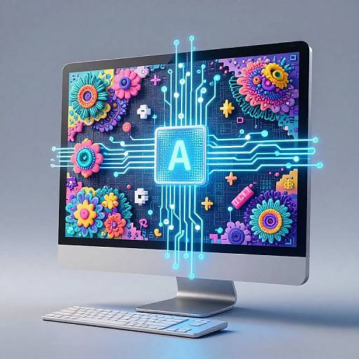Digital artwork of a modern computer monitor displaying vibrant floral patterns, neon blue circuit lines, and a glowing 