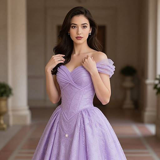 Photograph of a beautiful woman with long dark hair, wearing an off-shoulder lavender ball gown, standing in an elegant, dimly-lit