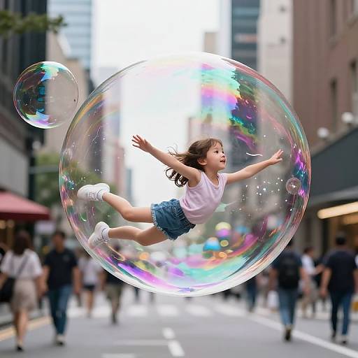 Photograph of a young girl with brown hair, white shirt, and denim shorts, joyfully jumping inside a large, colorful bubble on a busy city