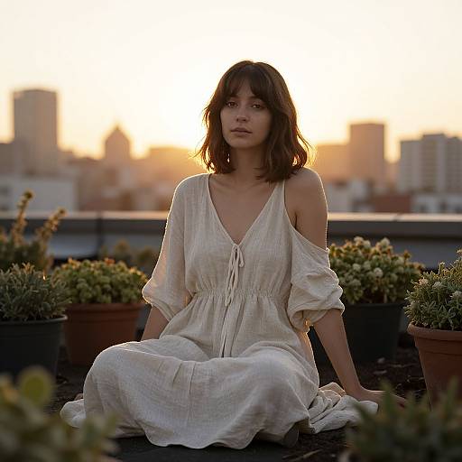 Woman on Rooftop Garden at Sunset