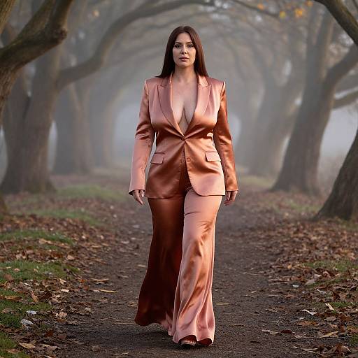 Photograph of a confident woman with long dark hair, wearing a pink satin suit with a deep V-neck, walking on a misty, leaf-covered