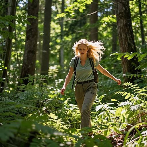 Photograph of a blonde woman with flowing hair, wearing a green shirt and khaki pants, hiking through a sunlit forest with lush green foliage and