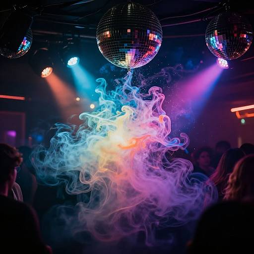 Photograph of a vibrant nightclub with colorful laser lights, swirling neon smoke, and three hanging mirror balls, silhouetting a crowd.