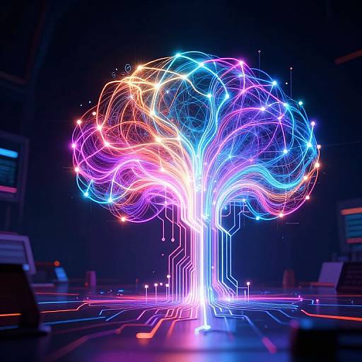 Neon-lit, digital tree with colorful, swirling lines and bright lights against a dark, tech-themed background, creating a futuristic, cybernetic