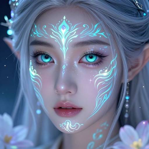 Digital artwork of a beautiful, pale-skinned, elf-like woman with glowing blue tribal patterns on her face, bright blue eyes, and white hair,