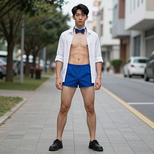 Photograph of an Asian man standing on a suburban street, shirtless, wearing blue shorts, bowtie, white shirt, and black shoes. Background