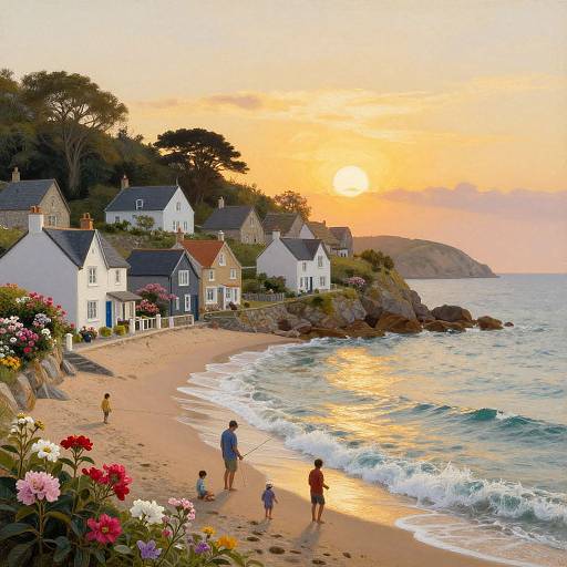 Photograph of a serene beach at sunset, with a family walking along the shore, colorful flowers in the foreground, and charming white and grey cottages