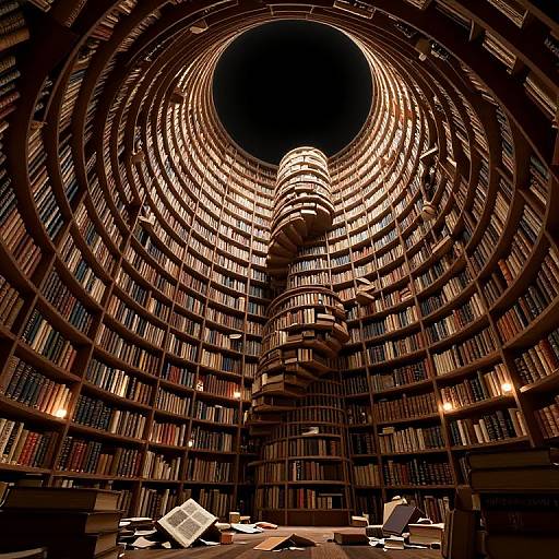 Photograph of a grand, circular library with illuminated bookshelves forming a spiral pattern, dimly lit, featuring scattered books and papers on a central