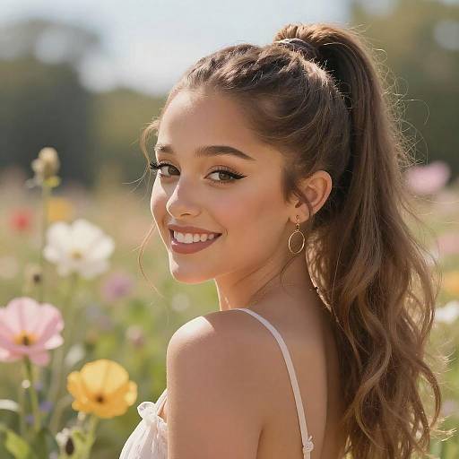 Photograph of a smiling young woman with long brown hair in a ponytail, wearing gold hoop earrings and a white strap top, standing in a sunny