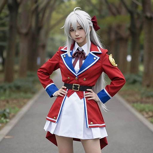 Photograph of an anime-style girl with long white hair, wearing a red and blue military-style jacket, white skirt, and black belt, standing confidently