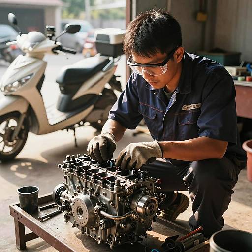 Asian Mechanic Repairing Engine Outdoors