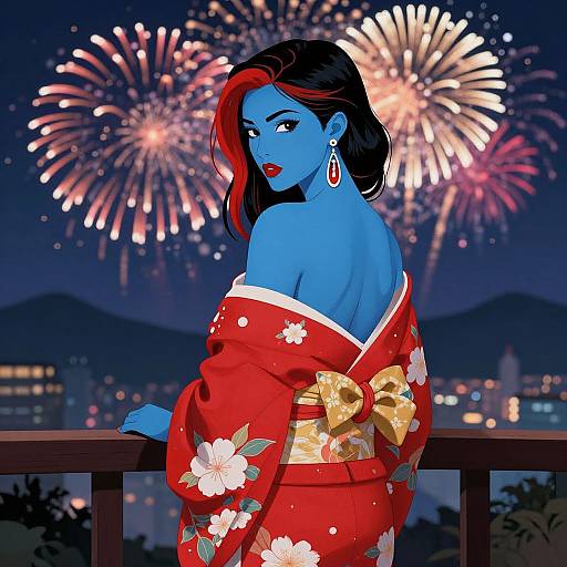 Digital illustration of a blue-skinned woman with red and black hair, wearing a red floral kimono, looking back at fireworks over a cityscape.
