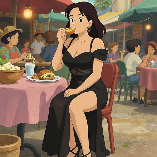 Anime-style drawing of a woman with black hair, large breasts, and black off-shoulder dress, eating a burger at a bustling outdoor café.
